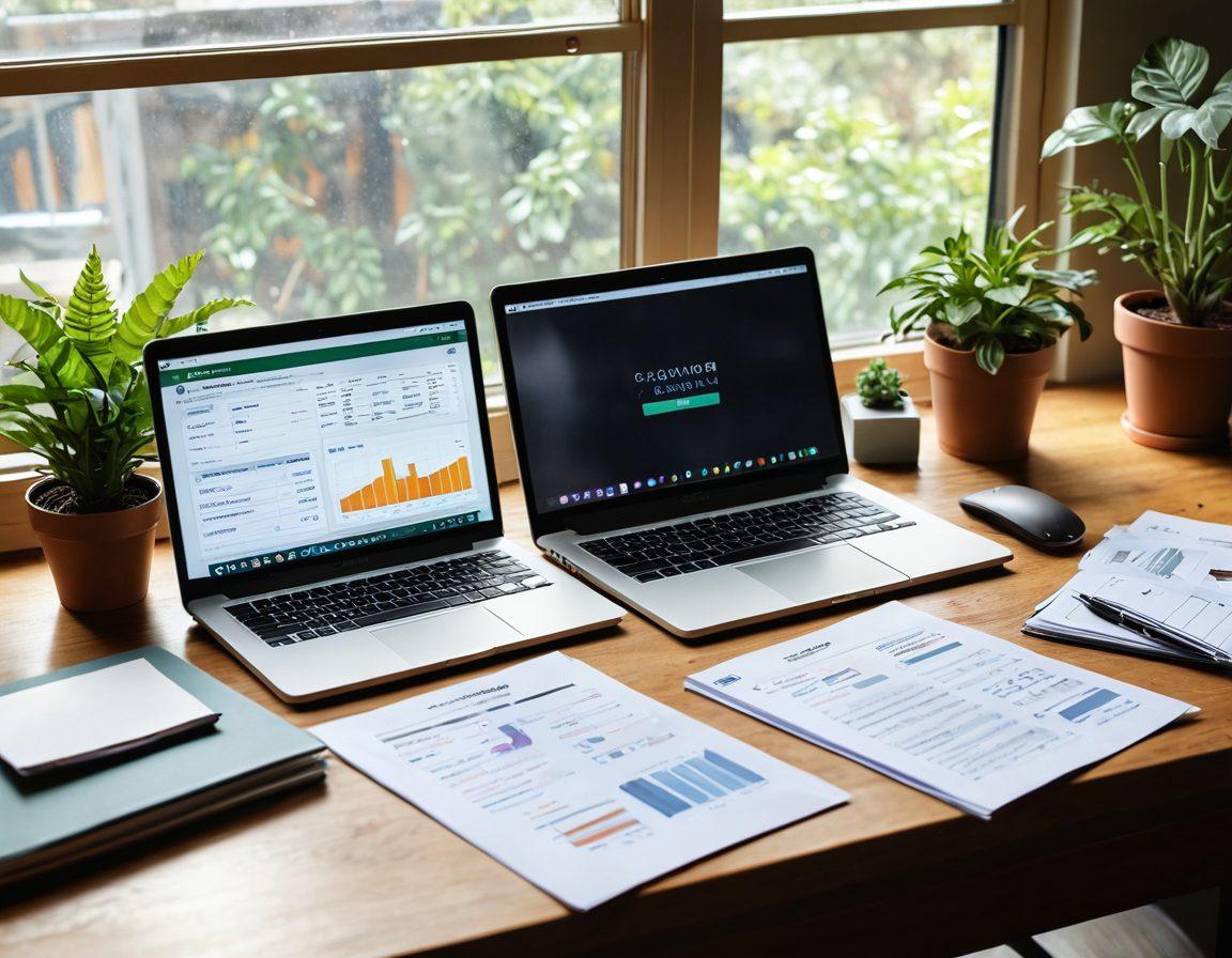 A visually engaging workspace filled with various budget-friendly tools such as calculators, charts, and free resource pamphlets, all laid on a wooden desk. A laptop screen displaying a beautifully designed budgeting app, surrounded by potted plants for a touch of greenery. Bright sunlight streaming in through a window in the background, creating an inviting atmosphere. The overall color scheme should be vibrant and energetic, inspiring a feeling of financial empowerment. super-realistic. vibrant colors. natural lighting.