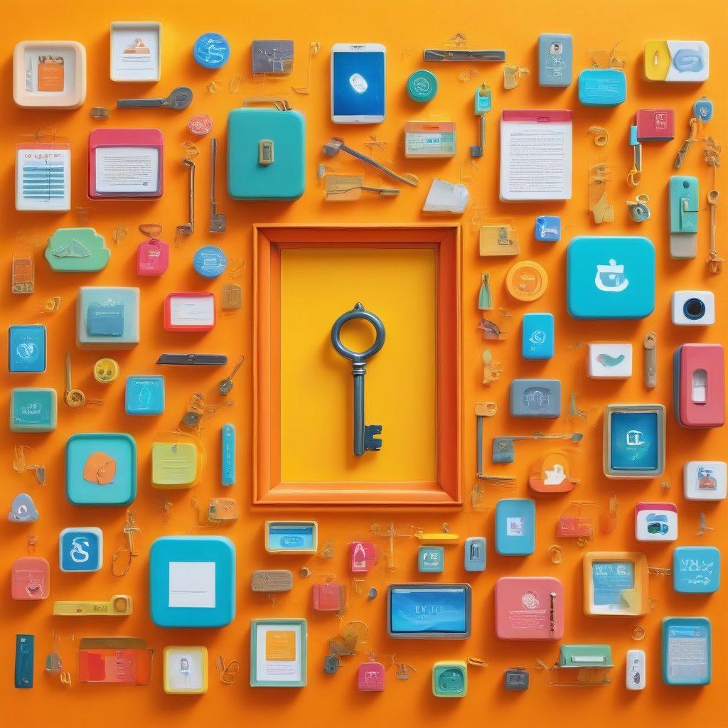 A visually engaging collage featuring an array of no-cost resources such as free apps, e-books, and online courses. Incorporate bright, inviting colors with icons symbolizing unlocking doors and open hands, all set against a vibrant backdrop of digital devices. Infuse a sense of exploration and discovery, perhaps with a whimsical key floating above the scene. 3D style. vibrant colors. playful design.