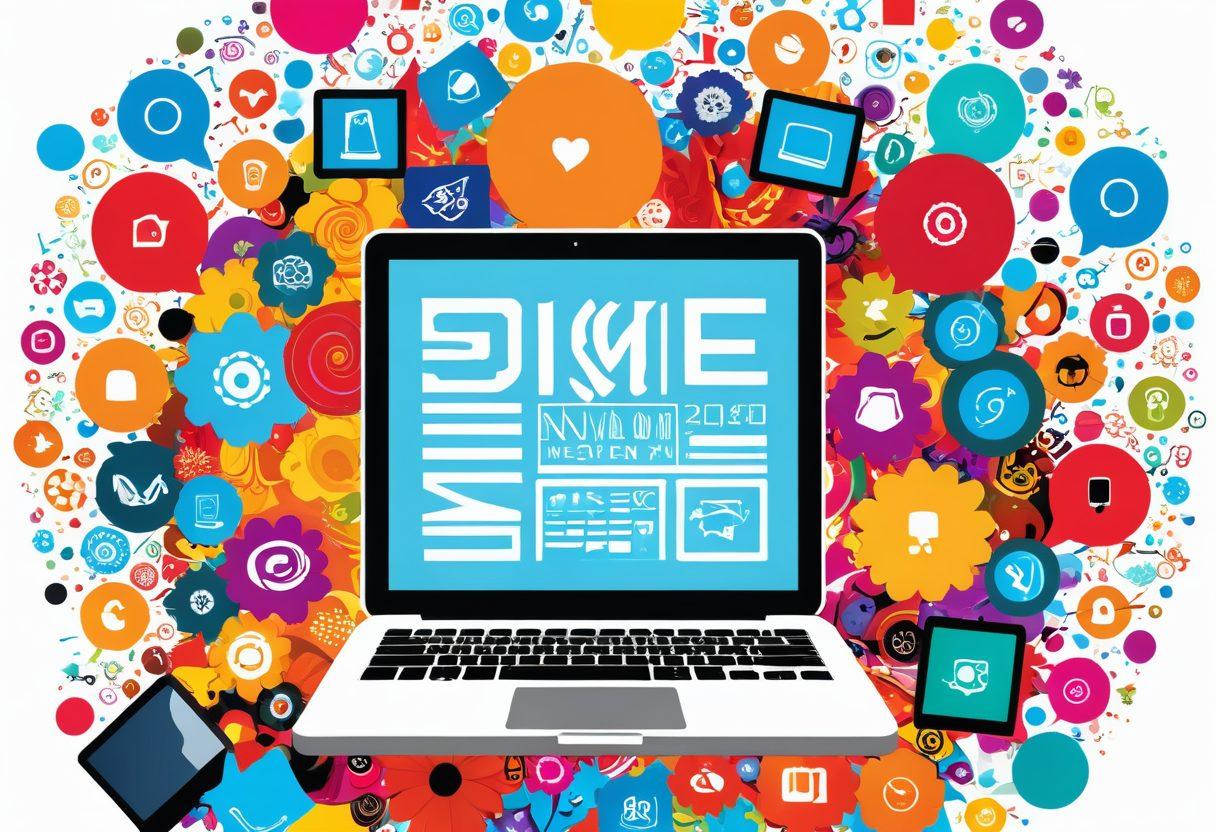 A vibrant digital collage featuring a diverse array of free software icons emerging like blooming flowers from a computer screen. Surrounding the screen, colorful banners displaying ‘Free Downloads’ swirl amidst tech gadgets like laptops and smartphones. Include playful elements such as a treasure chest overflowing with software disks and user testimonials in speech bubbles. Bright colors and a sense of excitement should radiate from the composition. vector art. vibrant colors. white background.